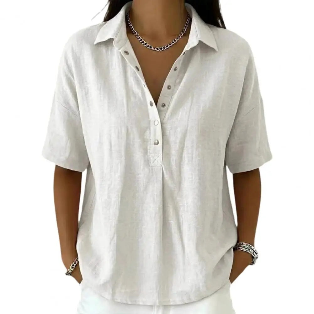 Blusa de Lino Mujer Manga Corta Cuello Polo