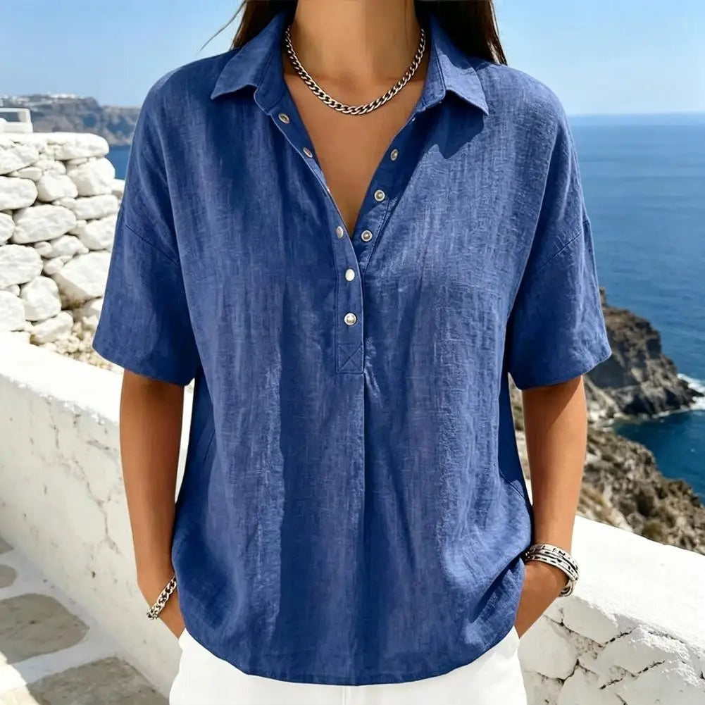 Blusa de Lino Mujer Manga Corta Cuello Polo