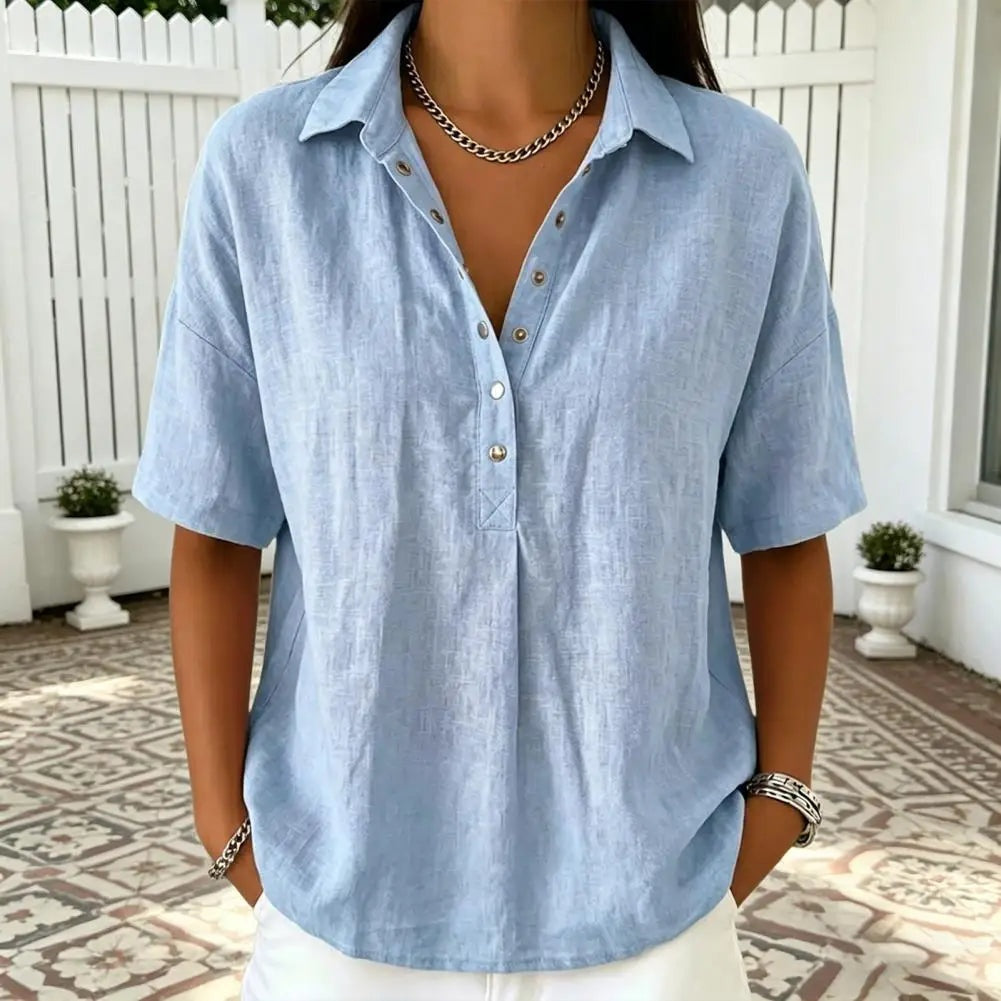 Blusa de Lino Mujer Manga Corta Cuello Polo