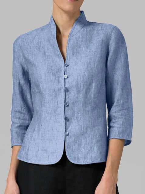 Blusa de Lino Mujer Cuello Mao Manga 3/4