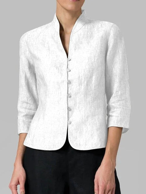 Blusa de Lino Mujer Cuello Mao Manga 3/4