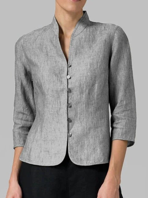 Blusa de Lino Mujer Cuello Mao Manga 3/4