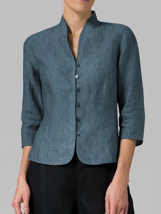 Blusa de Lino Mujer Cuello Mao Manga 3/4