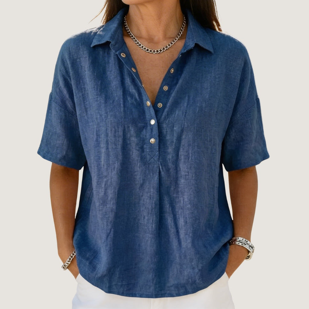 Blusa de Lino Manga Corta Mujer Cuello Polo Botones