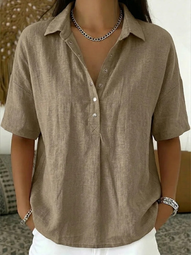 Blusa de Lino Manga Corta Mujer Cuello Polo Botones