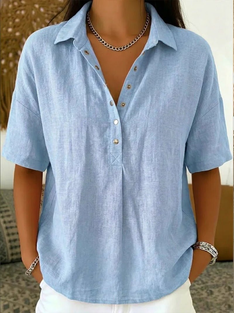 Blusa de Lino Manga Corta Mujer Cuello Polo Botones