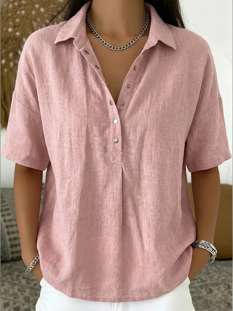Blusa de Lino Manga Corta Mujer Cuello Polo Botones