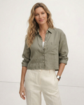 Camisa de Lino Cropped Mujer Manga Larga Oversize