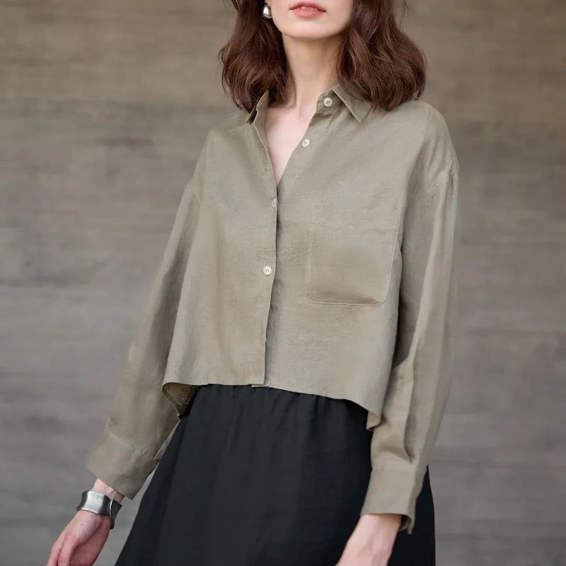 Camisa de Lino Cropped Mujer Manga Larga Oversize