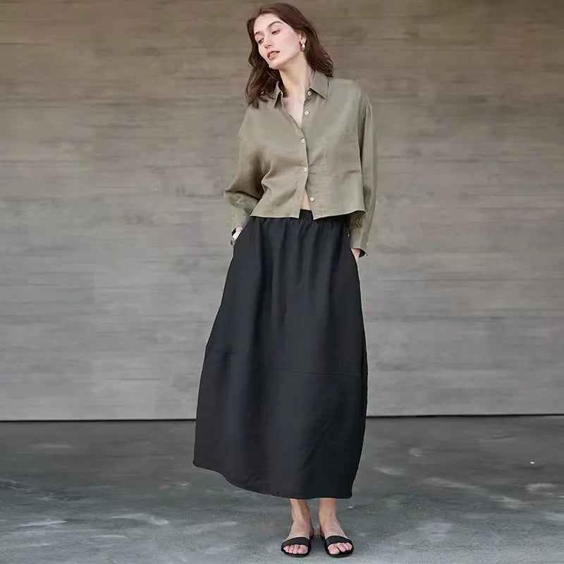 Camisa de Lino Cropped Mujer Manga Larga Oversize
