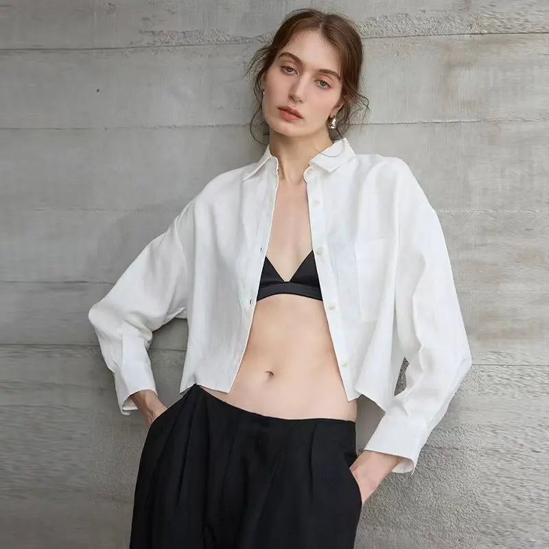 Camisa de Lino Cropped Mujer Manga Larga Oversize
