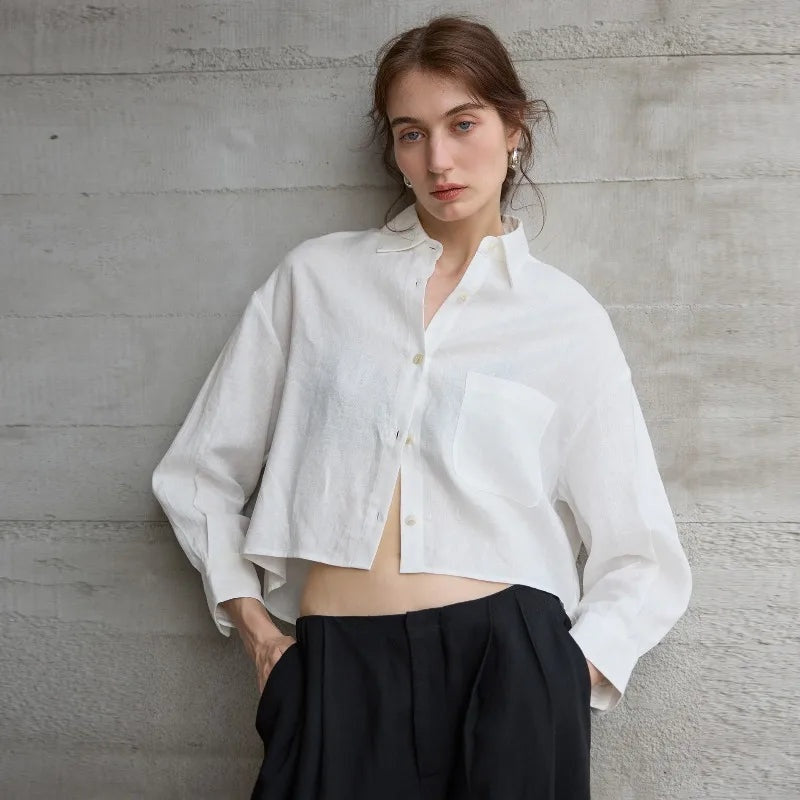 Camisa de Lino Cropped Mujer Manga Larga Oversize