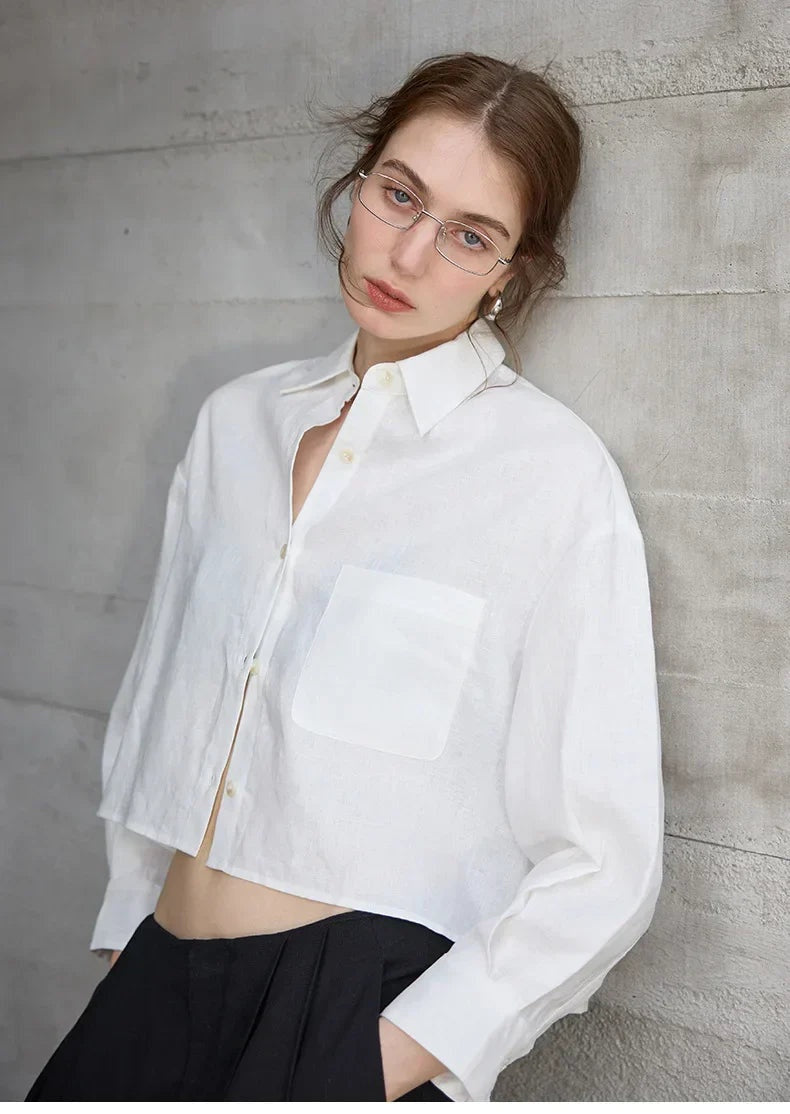 Camisa de Lino Cropped Mujer Manga Larga Oversize