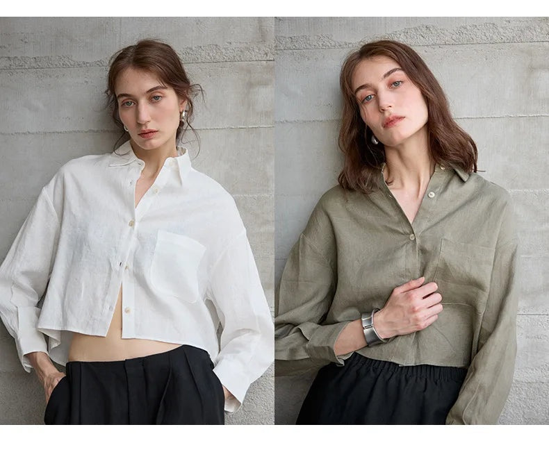 Camisa de Lino Cropped Mujer Manga Larga Oversize