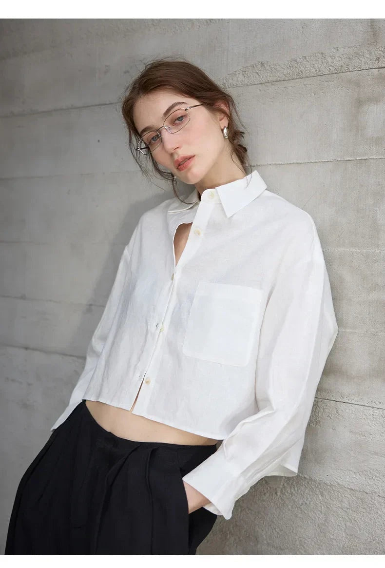 Camisa de Lino Cropped Mujer Manga Larga Oversize