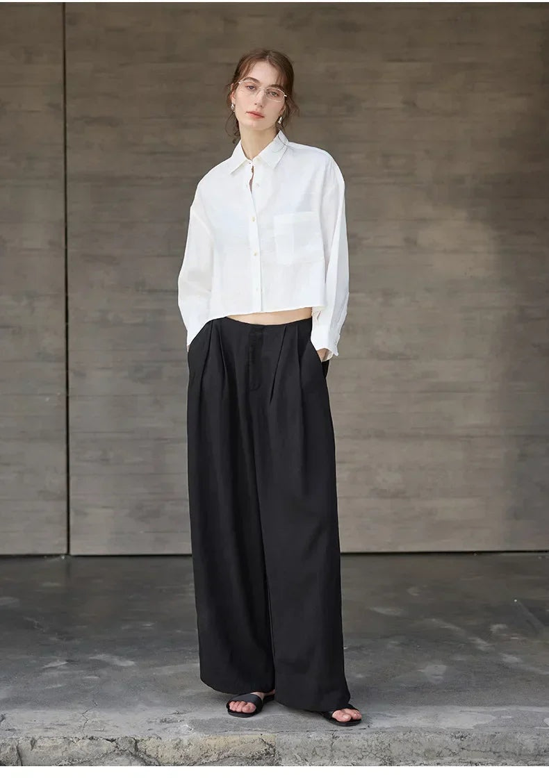 Camisa de Lino Cropped Mujer Manga Larga Oversize