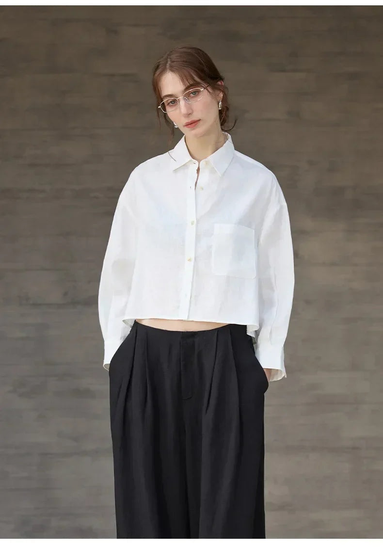 Camisa de Lino Cropped Mujer Manga Larga Oversize