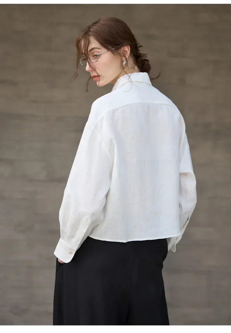 Camisa de Lino Cropped Mujer Manga Larga Oversize