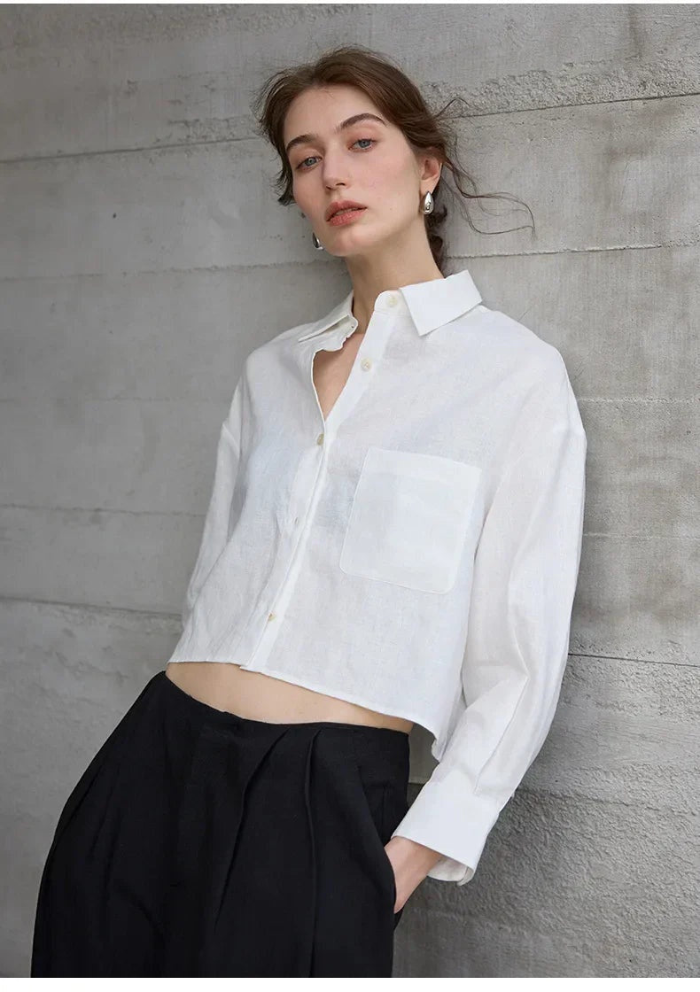 Camisa de Lino Cropped Mujer Manga Larga Oversize