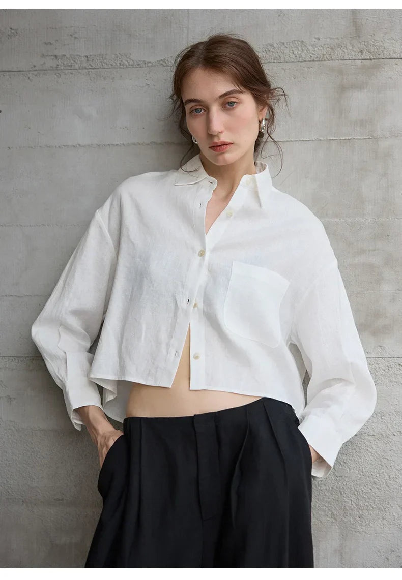 Camisa de Lino Cropped Mujer Manga Larga Oversize
