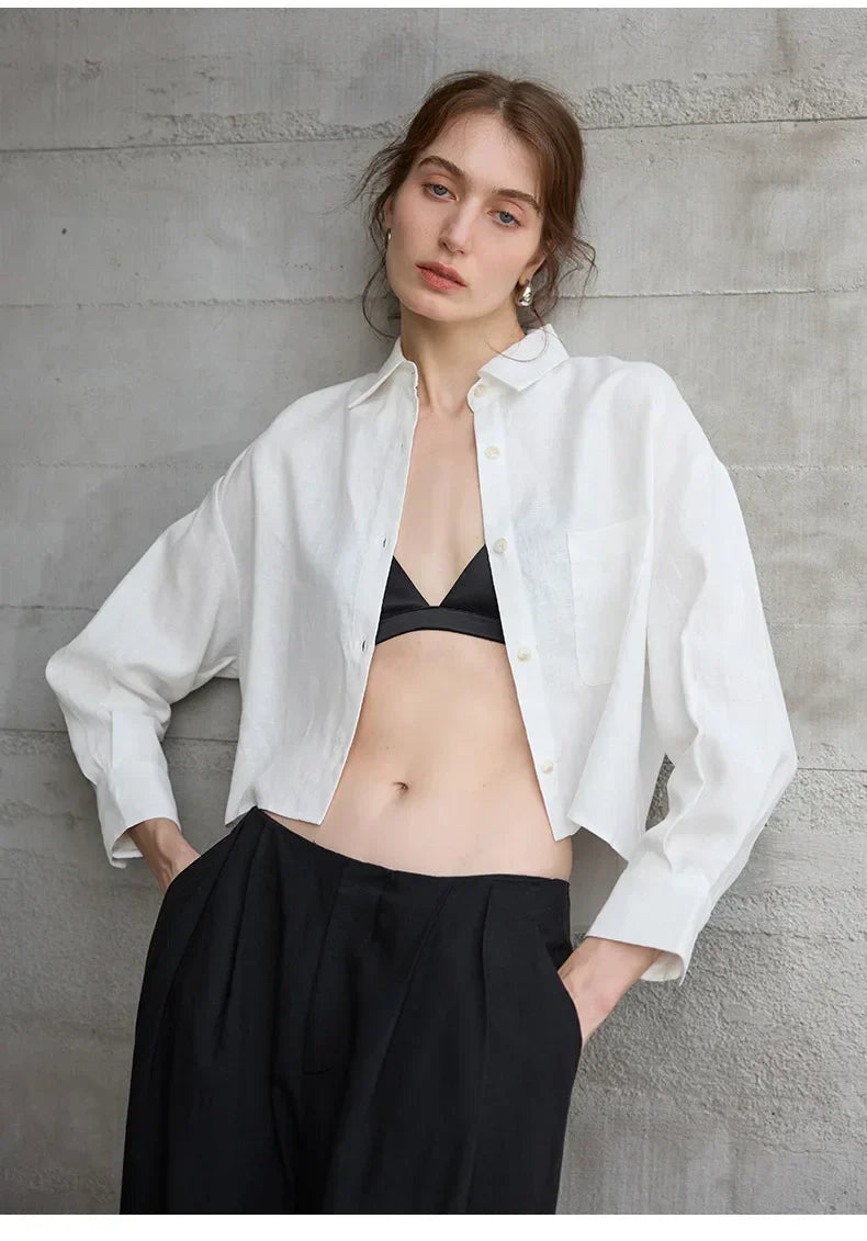 Camisa de Lino Cropped Mujer Manga Larga Oversize