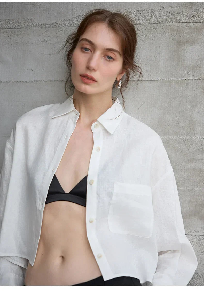 Camisa de Lino Cropped Mujer Manga Larga Oversize