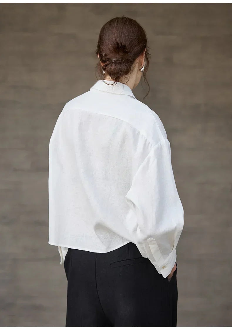 Camisa de Lino Cropped Mujer Manga Larga Oversize