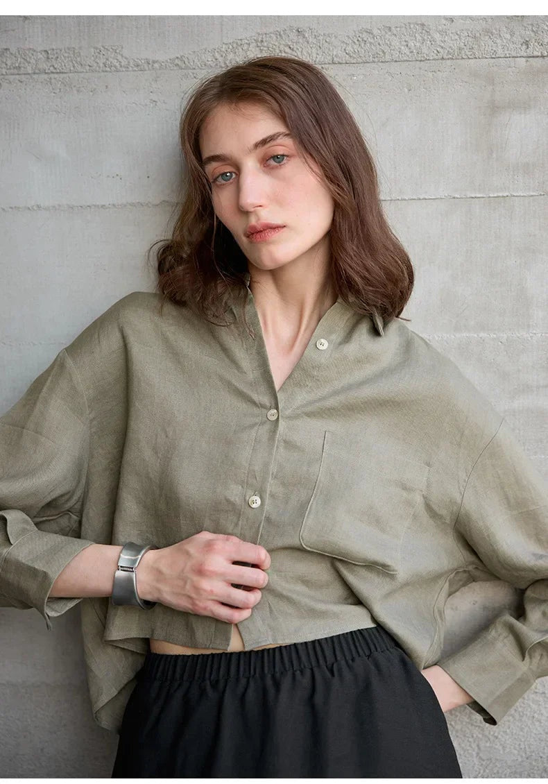 Camisa de Lino Cropped Mujer Manga Larga Oversize