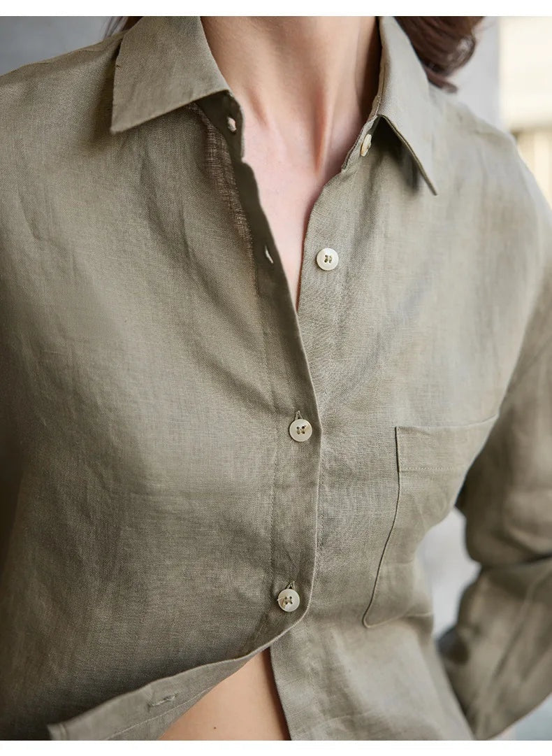 Camisa de Lino Cropped Mujer Manga Larga Oversize