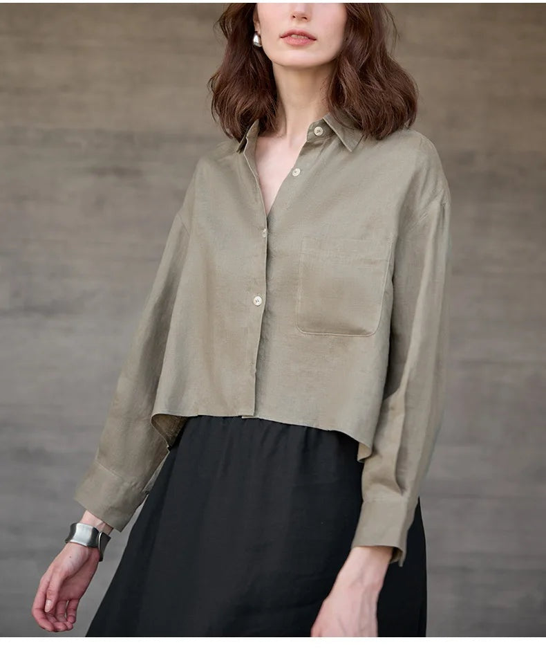 Camisa de Lino Cropped Mujer Manga Larga Oversize