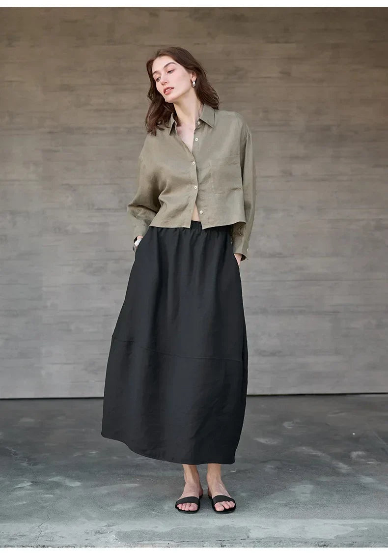 Camisa de Lino Cropped Mujer Manga Larga Oversize