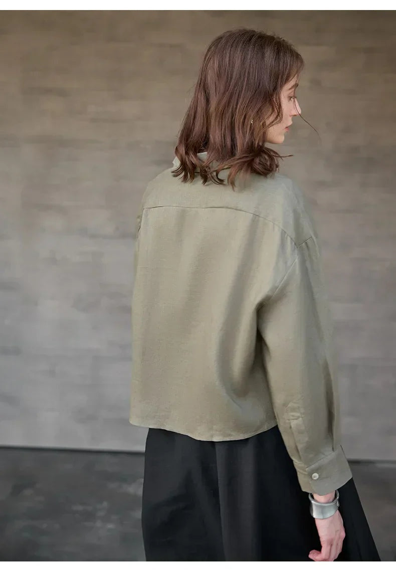 Camisa de Lino Cropped Mujer Manga Larga Oversize