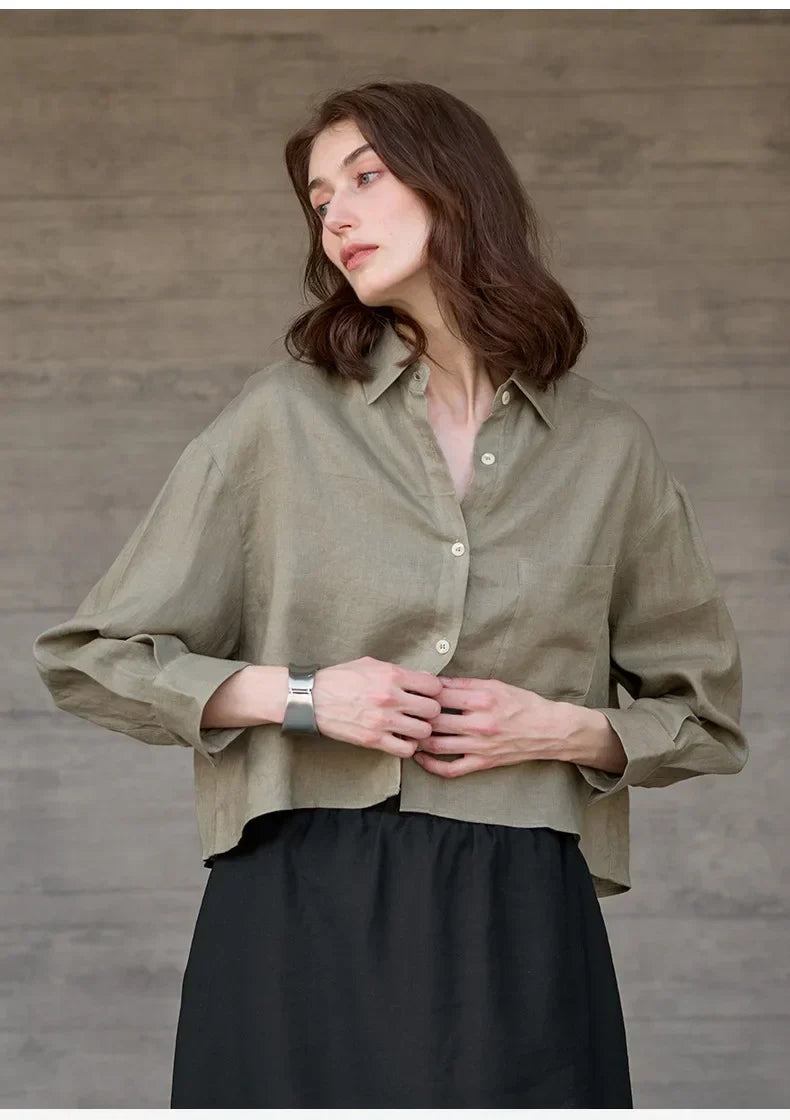 Camisa de Lino Cropped Mujer Manga Larga Oversize