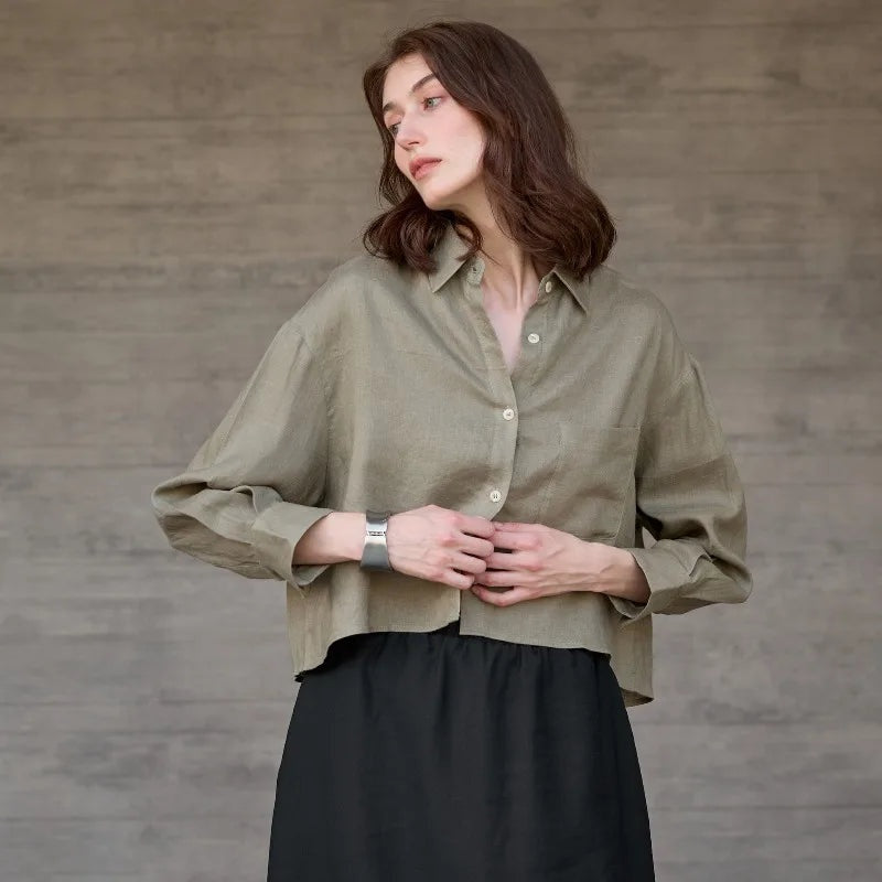 Camisa de Lino Cropped Mujer Manga Larga Oversize