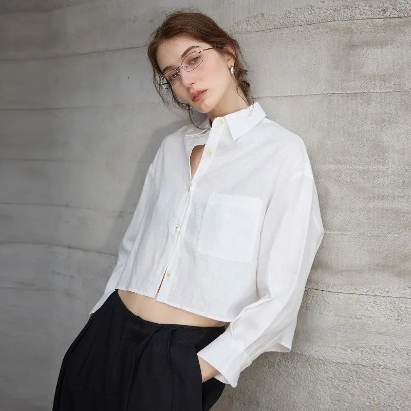 Camisa de Lino Cropped Mujer Manga Larga Oversize