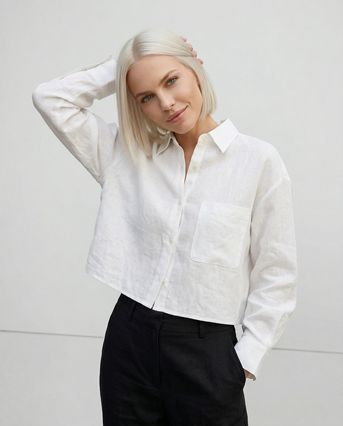 Camisa de Lino Cropped Mujer Manga Larga Oversize