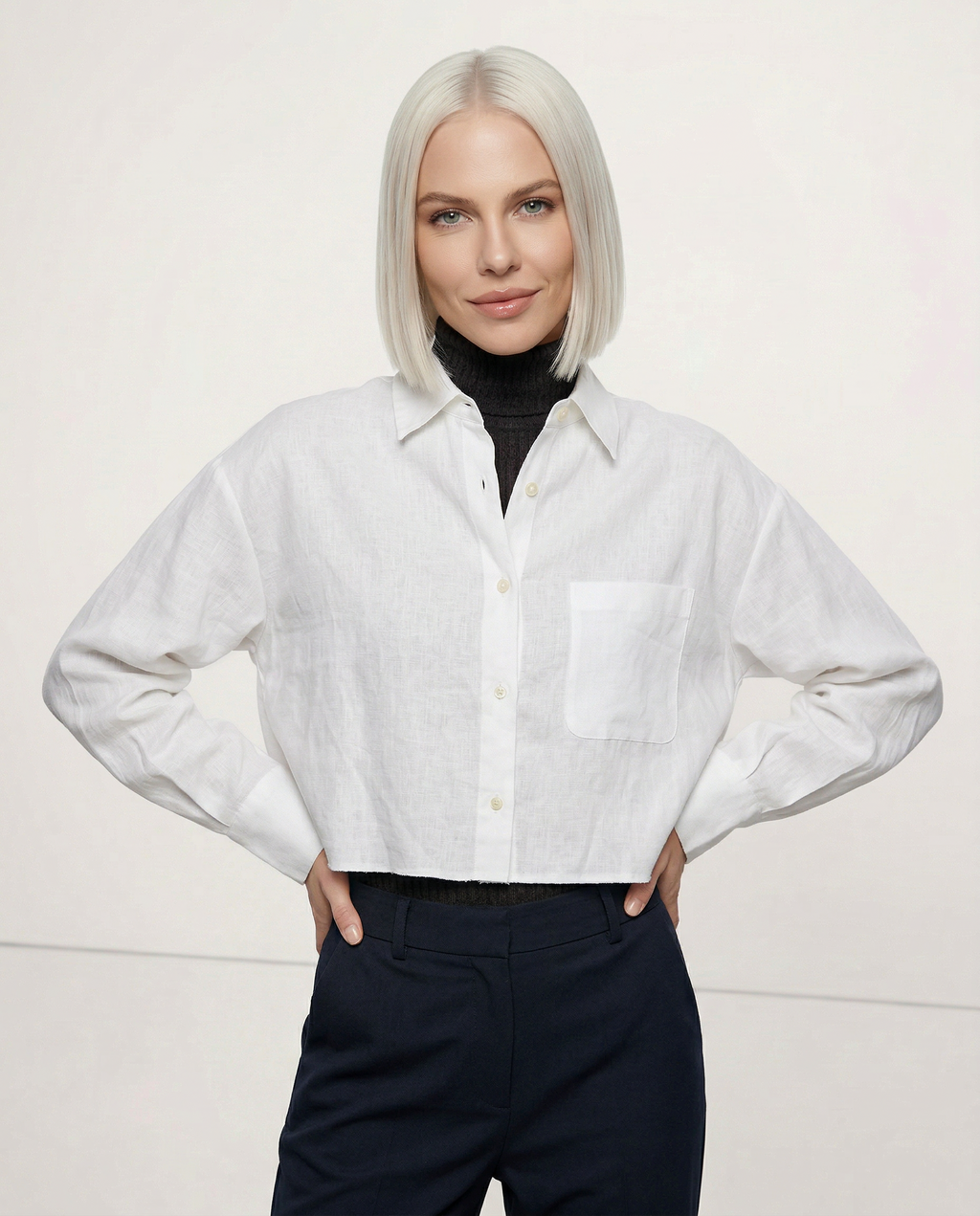 Camisa de Lino Cropped Mujer Manga Larga Oversize