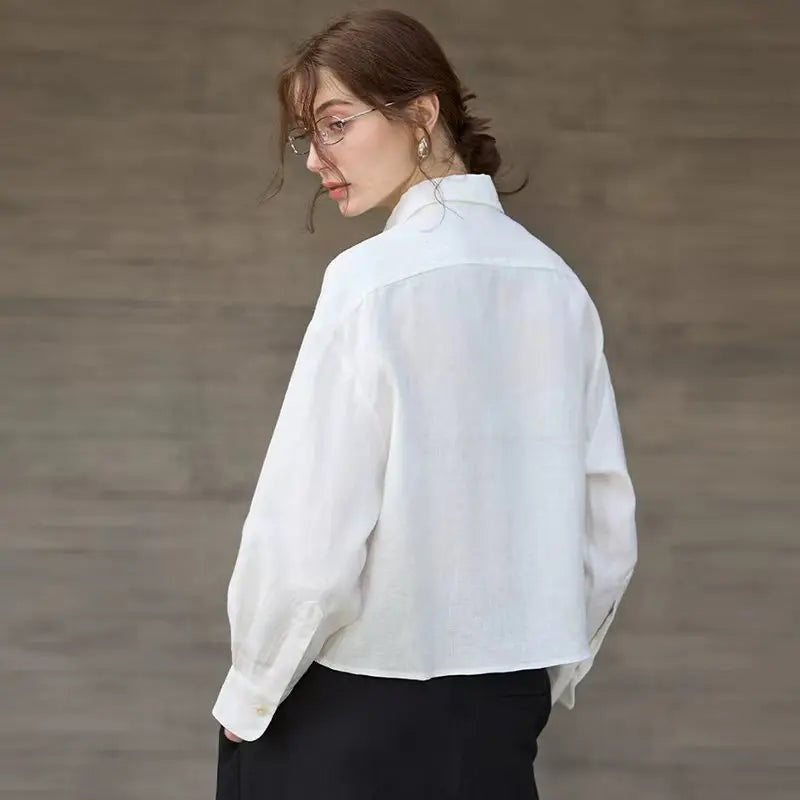 Camisa de Lino Cropped Mujer Manga Larga Oversize
