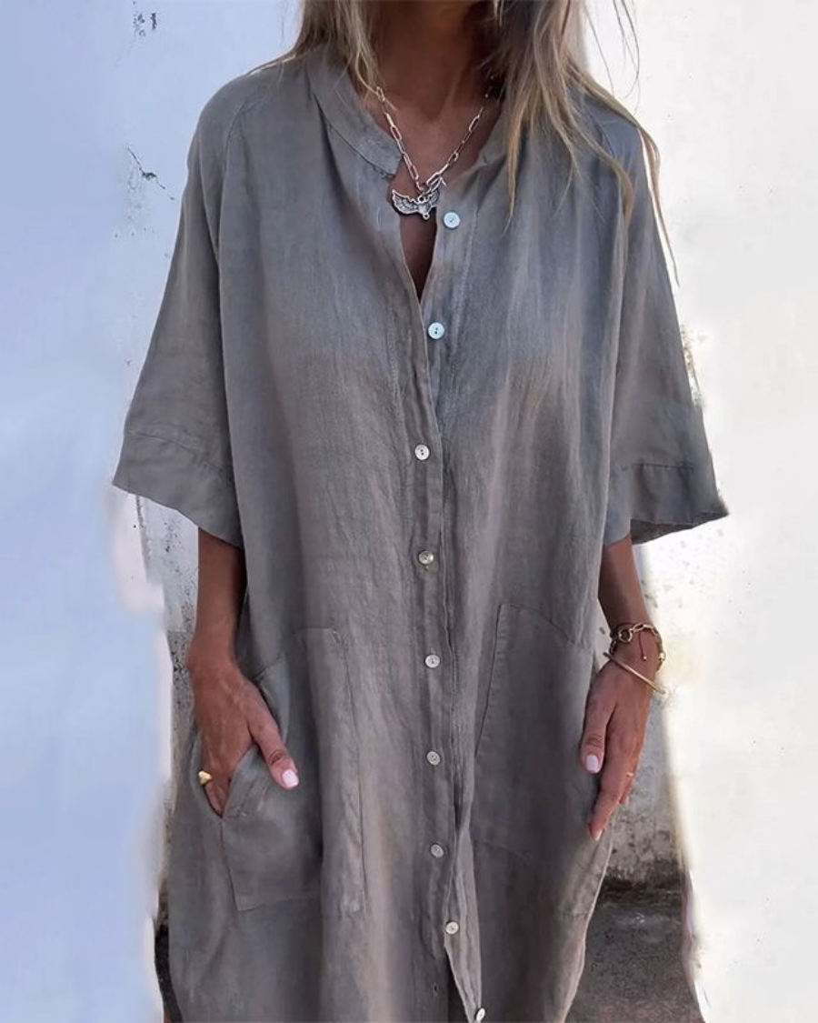 Vestido Camisero Largo de Lino Mujer Botones