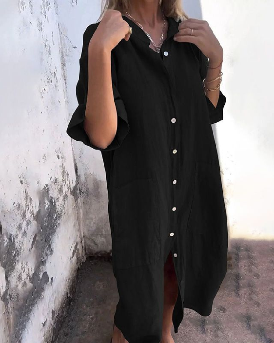 Vestido Camisero Largo de Lino Mujer Botones
