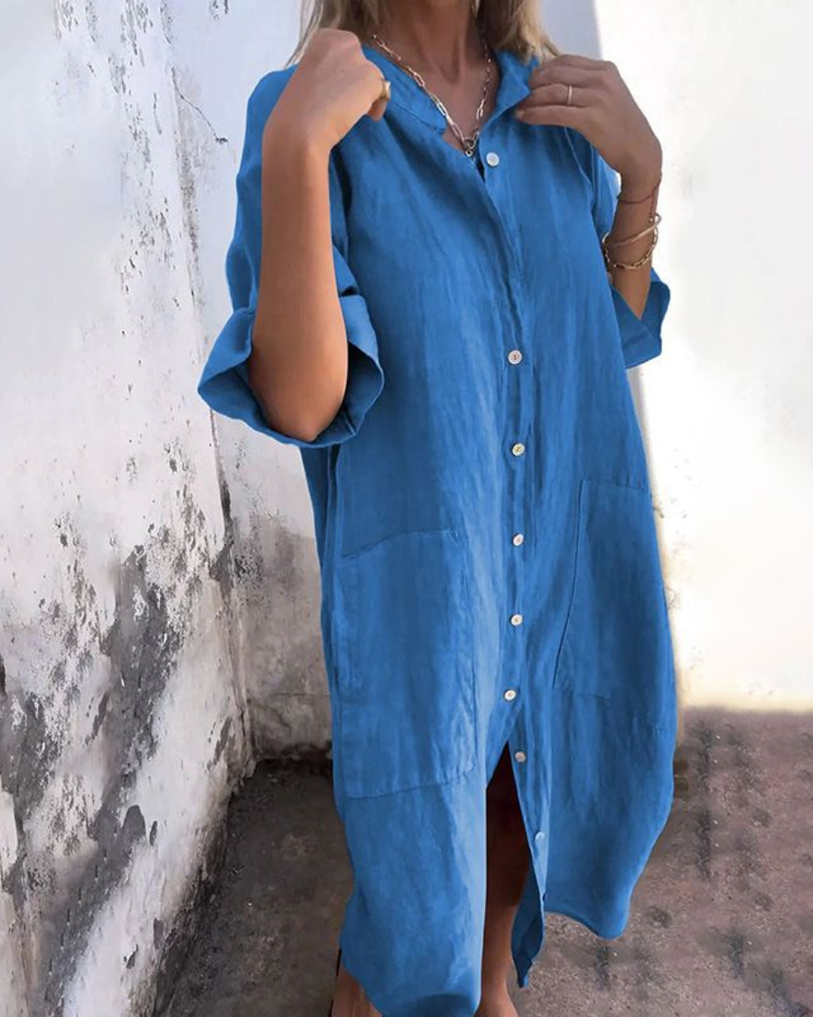 Vestido Camisero Largo de Lino Mujer Botones
