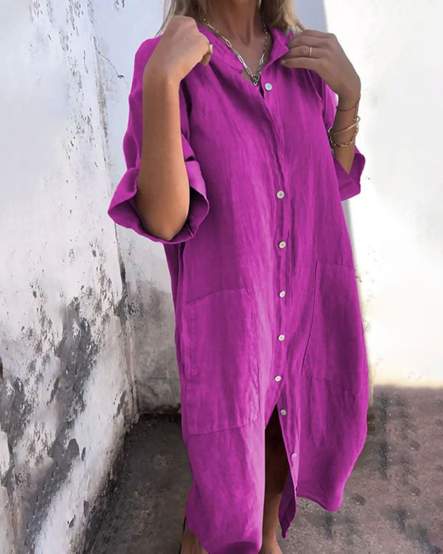 Vestido Camisero Largo de Lino Mujer Botones