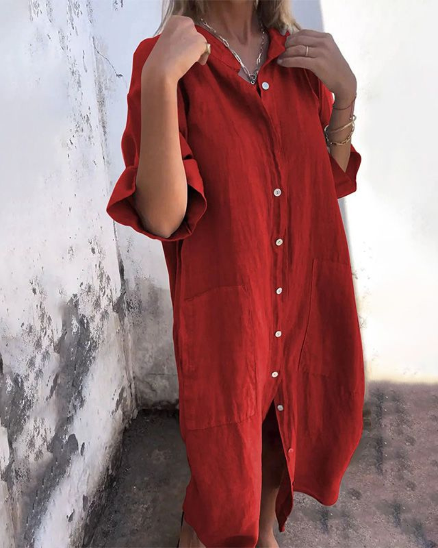 Vestido Camisero Largo de Lino Mujer Botones